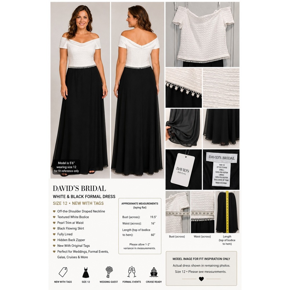 David's Bridal NWT White & Black Formal Gown Size 12